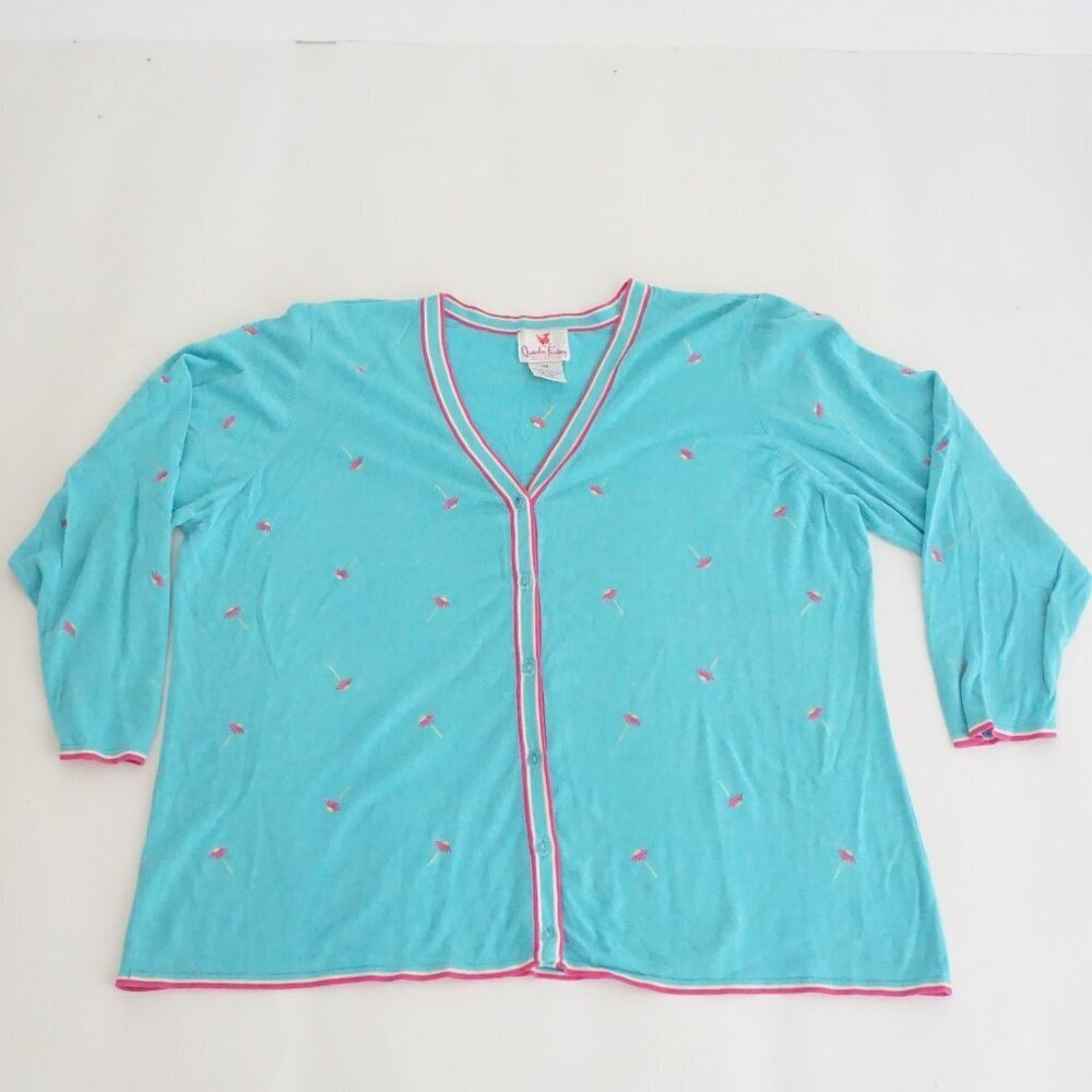 Vintage Quacker Factory Turquoise Pink Floral Embroidered Garden Cardigan XL